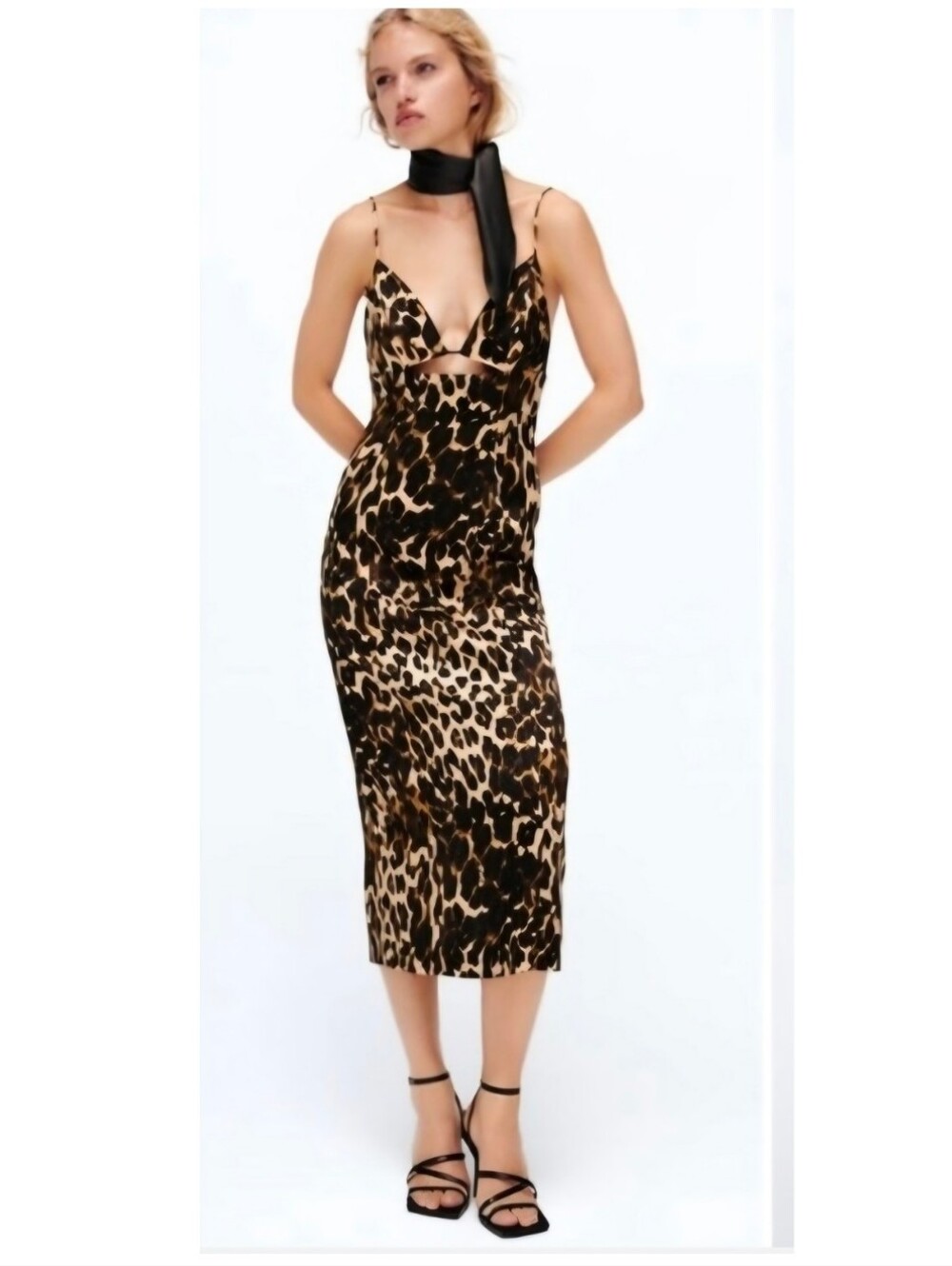 Zara Cheetah Leopard Print Satin Cut Out Slit Back Bodycon Midi Slip Dress - XS